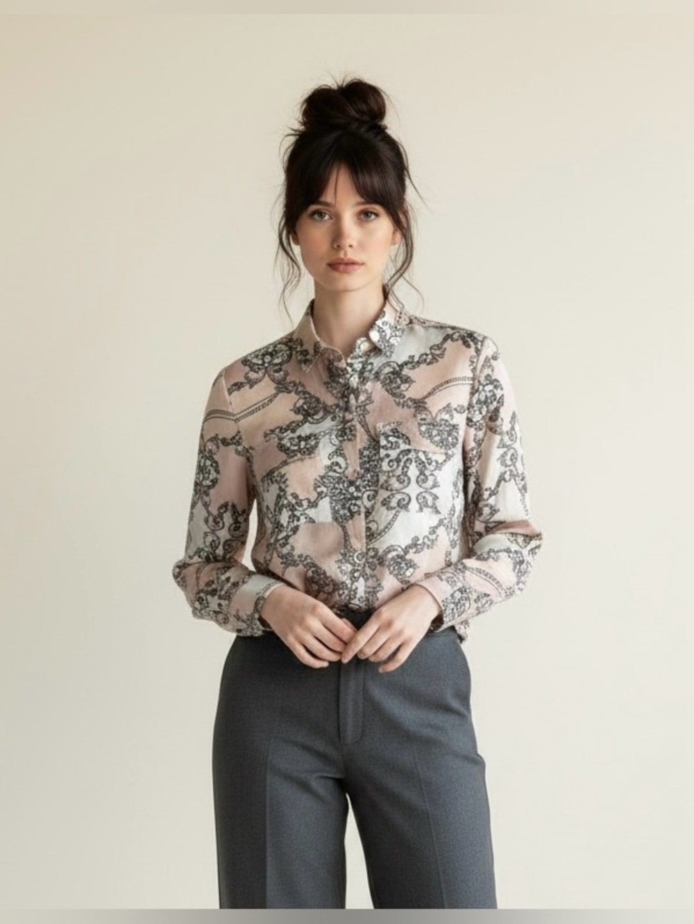 Vtg Y2K VICTORIA’S SECRET Blush Pink Baroque Print 100% Silk Blouse Top Sm Med